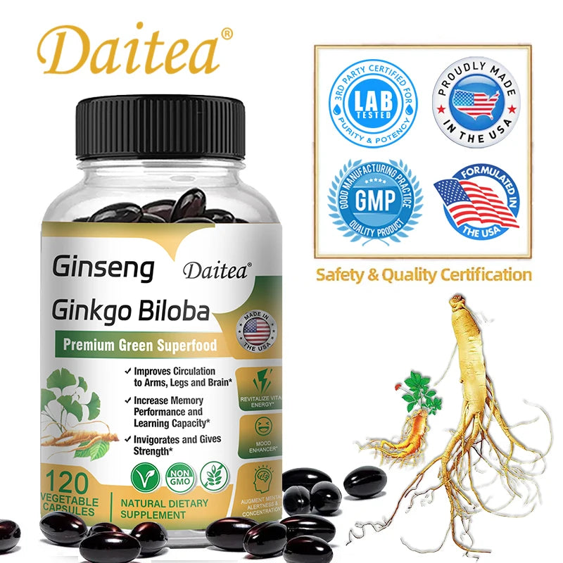 Ginseng + Ginkgo Biloba Capsules - Premium Non-GMO/Vegan Superfood - Traditional Energy Booster and Mood Soother