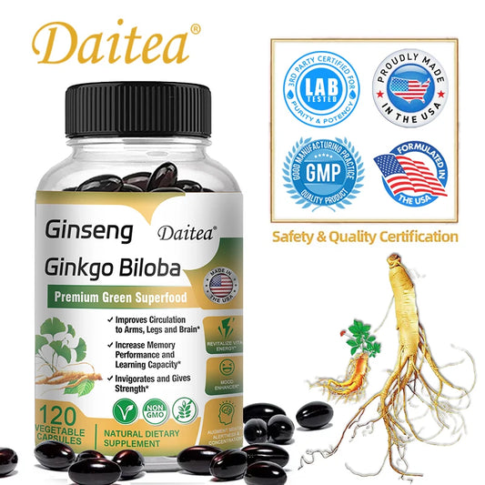 Ginseng + Ginkgo Biloba Capsules - Premium Non-GMO/Vegan Superfood - Traditional Energy Booster and Mood Soother