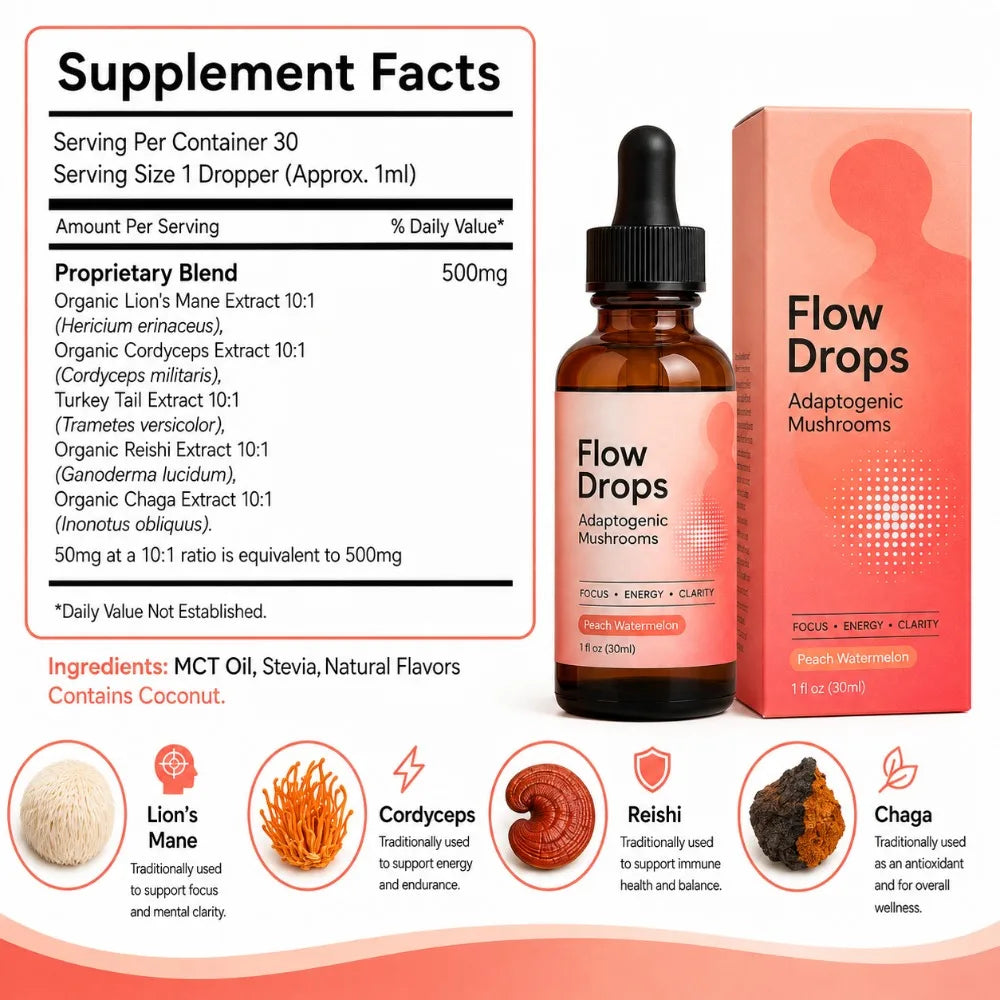Mushroom Supplement Drops 30ml, Lion's Mane Cordyceps Reishi Chaga Turkey Tail, Energy & Focus Support, Peach Watermelon, Adults