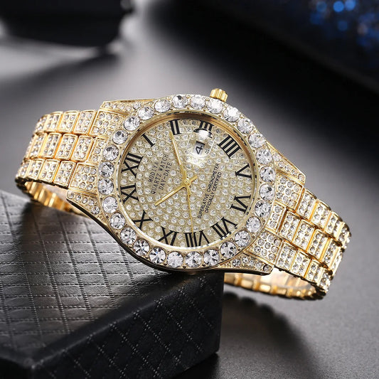 Luxury Golden Roman Numeral Men's Watch - Classic Steel Strap Business Timepiece