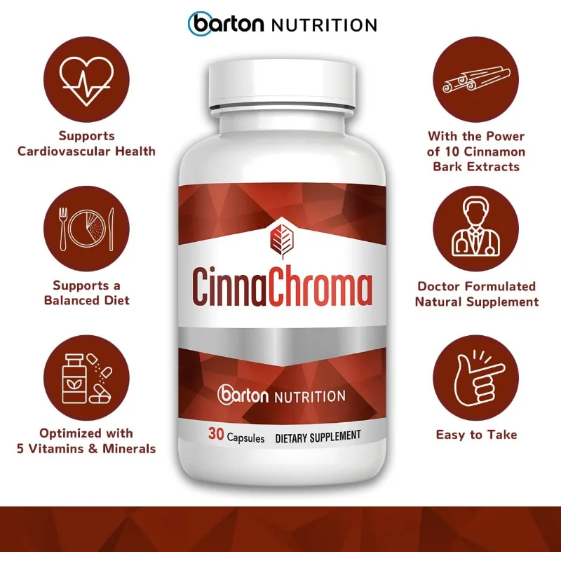 Cinnamon Bark Extract, Chromium Picolinate, and Vanadium Supplement, Supports Metabolic and Cardiovascular Health, 30 Capsules