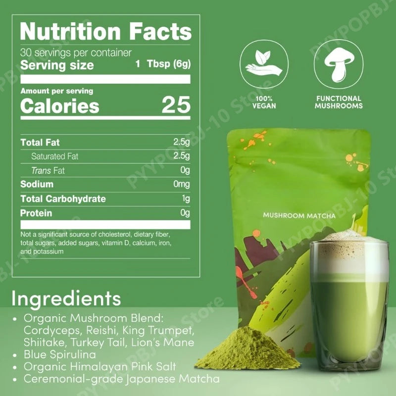 Complément biologique de champignons et matcha avec ganoderma lucidum et crinière de lion, 180 g de nutriments naturels
