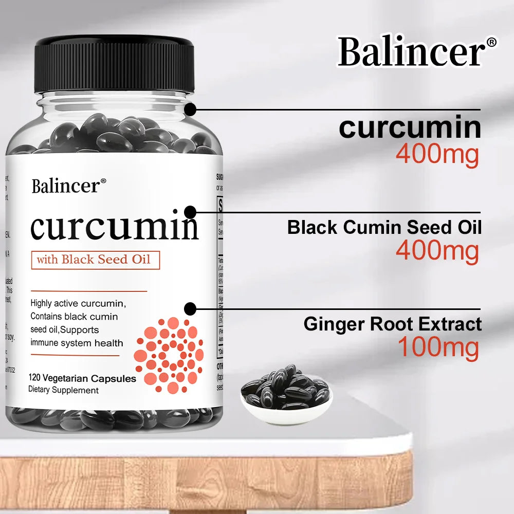 Turmeric Curcumin Capsules Supplement, with Black Seed Oil Extract, for Joint, Digestive & Immune Support, Brain Cognition