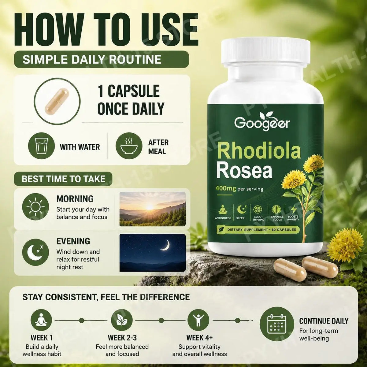 Gélules de rhodiola rosea Googeer 400mg équivalent racine, avec extrait de poivre noir, 60 unités, complément botanique quotidien pour le bien-être
