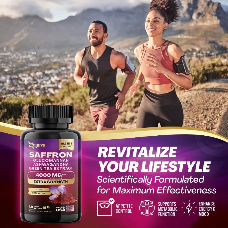 Saffron Supplement 1000 mg, Glucomannan, Ashwagandha, Green Tea Extract, Mood Stabilizer, Vision Support, 60 Capsules