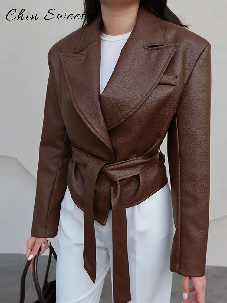 Vintage Lace Up Slim Leather Jacket Women Solid Lapel Full Sleeve Chic Motorcycle Jackets 2025 Autumn Lady All-match Y2K Outwear