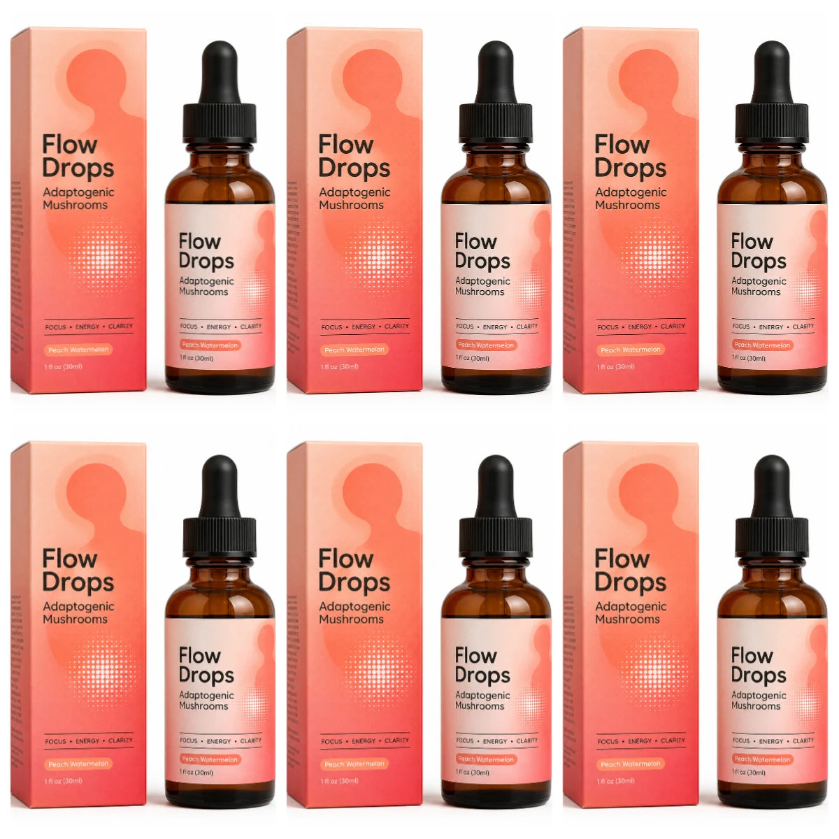 Mushroom Supplement Drops 30ml, Lion's Mane Cordyceps Reishi Chaga Turkey Tail, Energy & Focus Support, Peach Watermelon, Adults