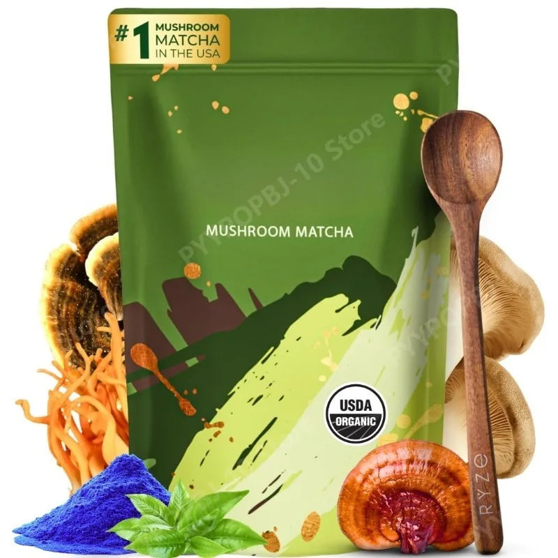 Complément biologique de champignons et matcha avec ganoderma lucidum et crinière de lion, 180 g de nutriments naturels