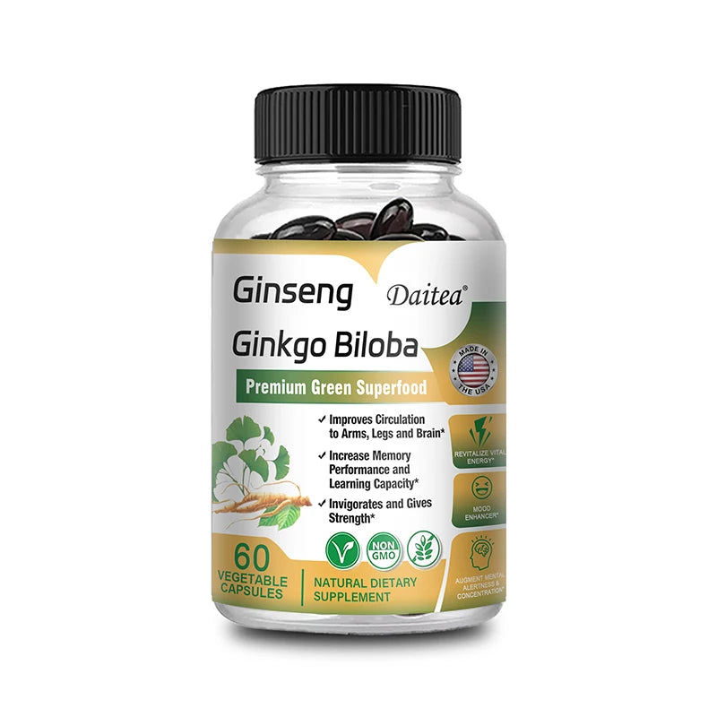 Ginseng + Ginkgo Biloba Capsules - Premium Non-GMO/Vegan Superfood - Traditional Energy Booster and Mood Soother