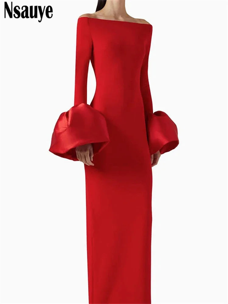 Nsauye Elegant Party Dress For Women Vintage Bud Long Sleeve Sexy Evening Fashion Wrap Night Club Black Dress Off Shoulder 2024