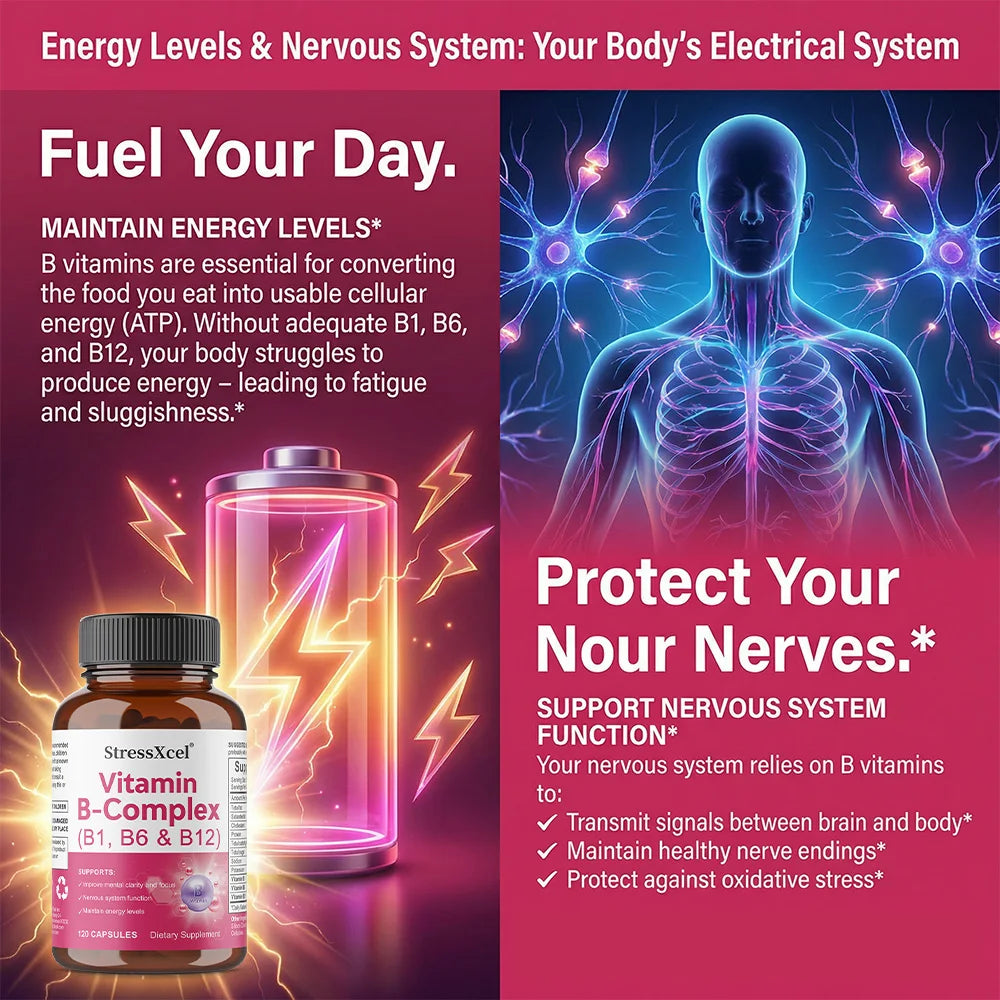 Vitamin B Complex Capsules - B1, B6, B12, Supports Energy Metabolism, Mood, Nervous System, Immune & Antioxidant Wellness