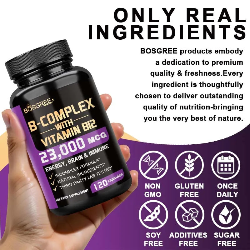 Vitamin B Complex Supplement, Vitamins B1,B2,B3,B5,B6,B9,B12,B16-Vitamin C,Inositol,Immune&Energy Metabolism,Brain&Heart Support