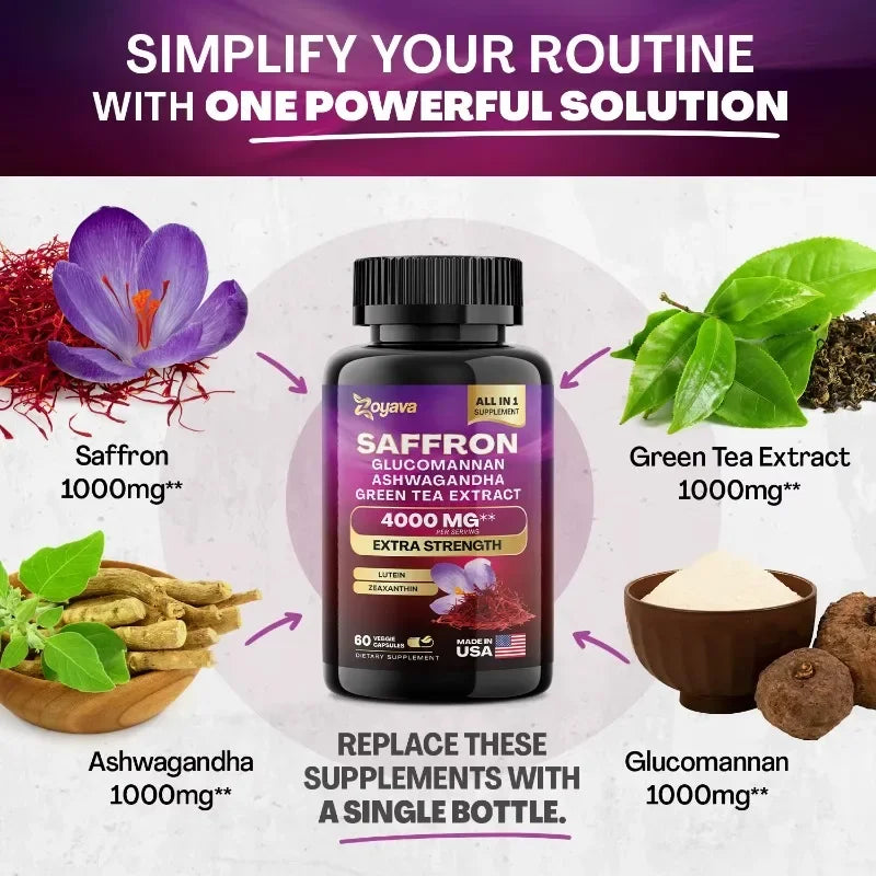 Saffron Supplement 1000 mg, Glucomannan, Ashwagandha, Green Tea Extract, Mood Stabilizer, Vision Support, 60 Capsules