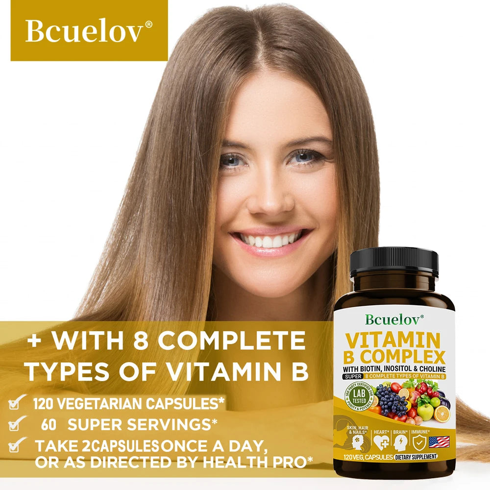 Complexe de vitamines B - B1, B2, B3, B5, B6, B7, B9, B12, biotine, choline, niacine - cerveau, peau, cheveux, système nerveux, immunité, métabolisme