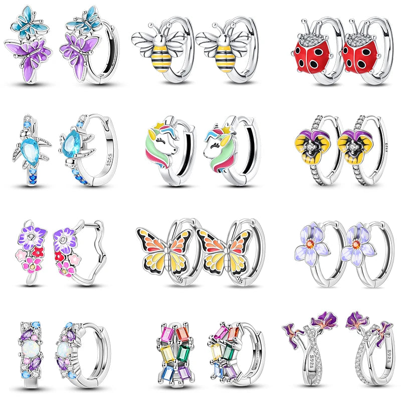 925 Sterling Silver Nature-Inspired Earrings - Butterfly, Bee & Flower Collection