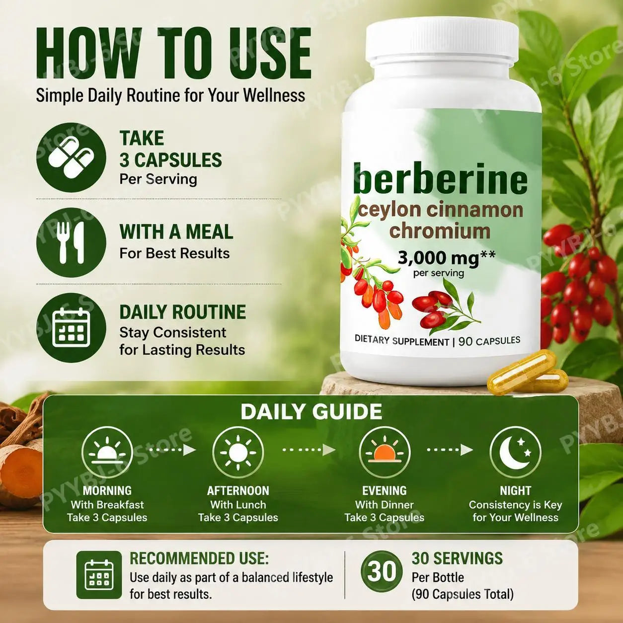 Berberine Ceylon Cinnamon Chromium Capsules 3000mg, Turmeric Blend Daily Metabolism & Wellness Support Supplement 90 Capsules