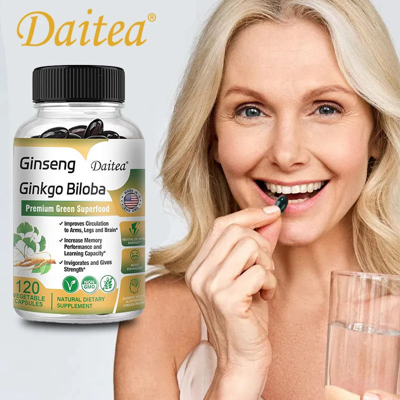 Ginseng + Ginkgo Biloba Capsules - Premium Non-GMO/Vegan Superfood - Traditional Energy Booster and Mood Soother