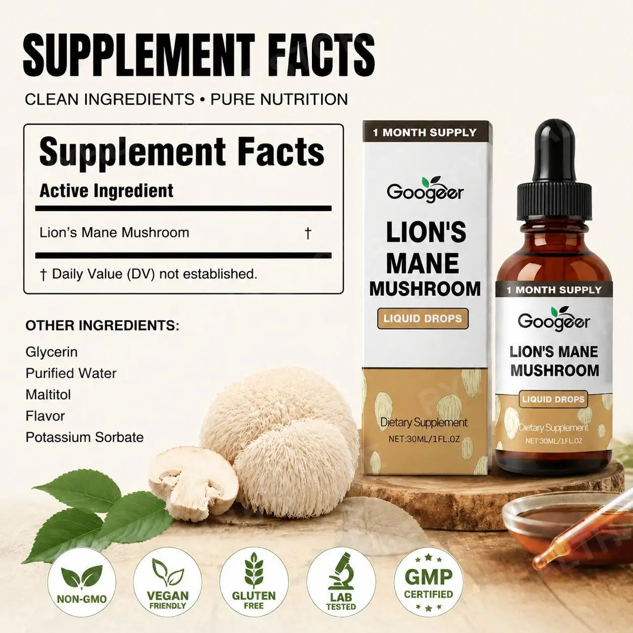 Lion's Mane Mushroom Liquid Drops 30ml Vegan Non-GMO Natural Extract Herbal Supplement Daily Wellness Support Dropper Bottle