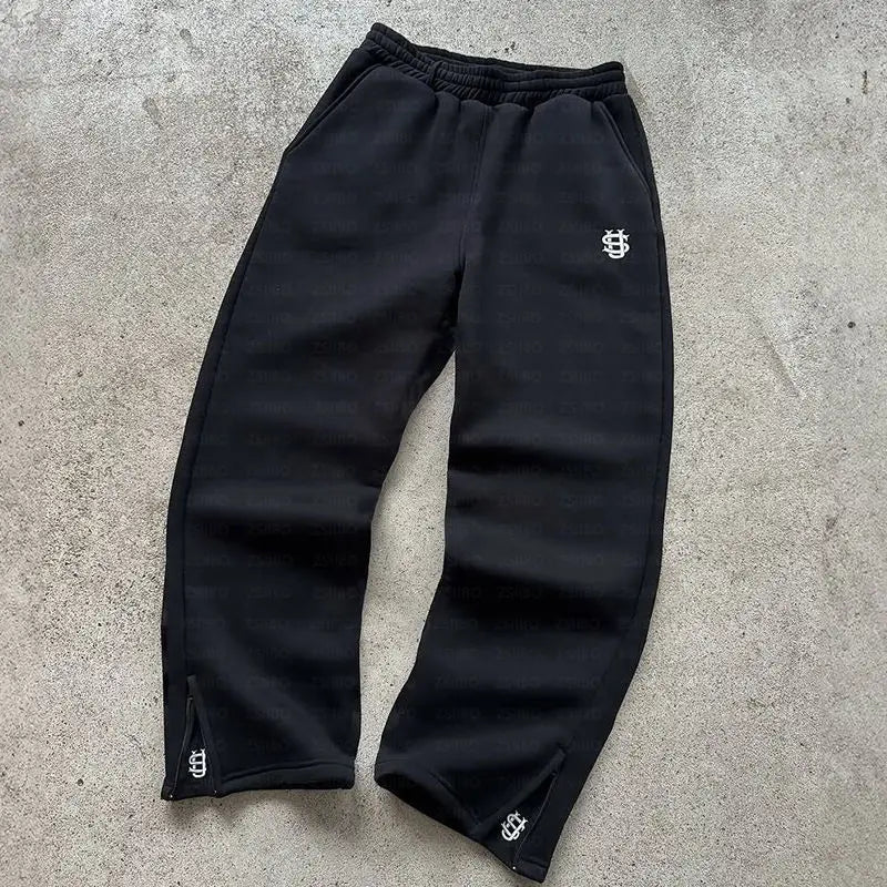 Y2K Fashion Jogger Sweatpants Loose Embroidery Labeled Open Leg Wide Leg Pants Trendy Pocket Couple Straight Pants Men's Hoodie