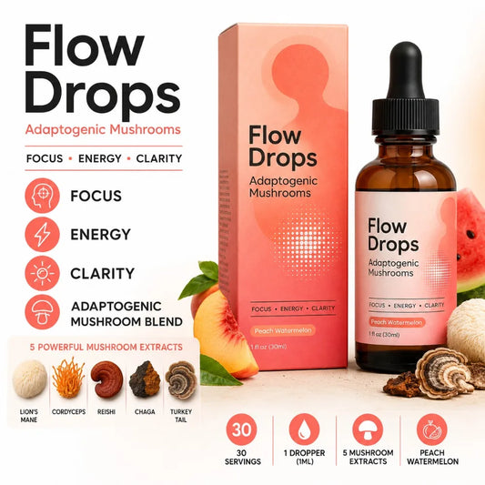 Mushroom Supplement Drops 30ml, Lion's Mane Cordyceps Reishi Chaga Turkey Tail, Energy & Focus Support, Peach Watermelon, Adults