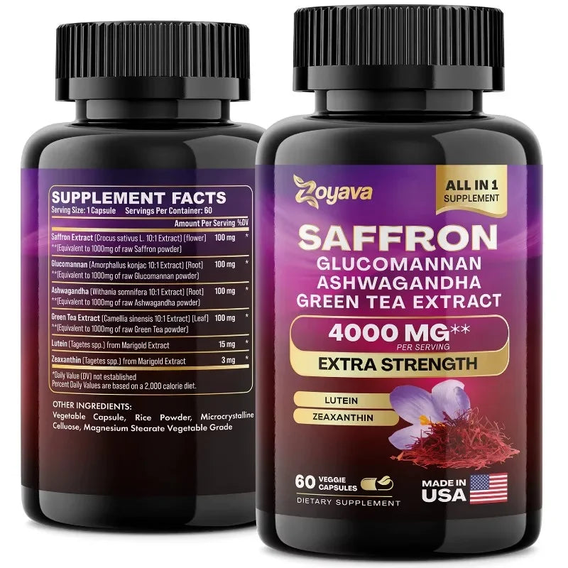 Saffron Supplement 1000 mg, Glucomannan, Ashwagandha, Green Tea Extract, Mood Stabilizer, Vision Support, 60 Capsules