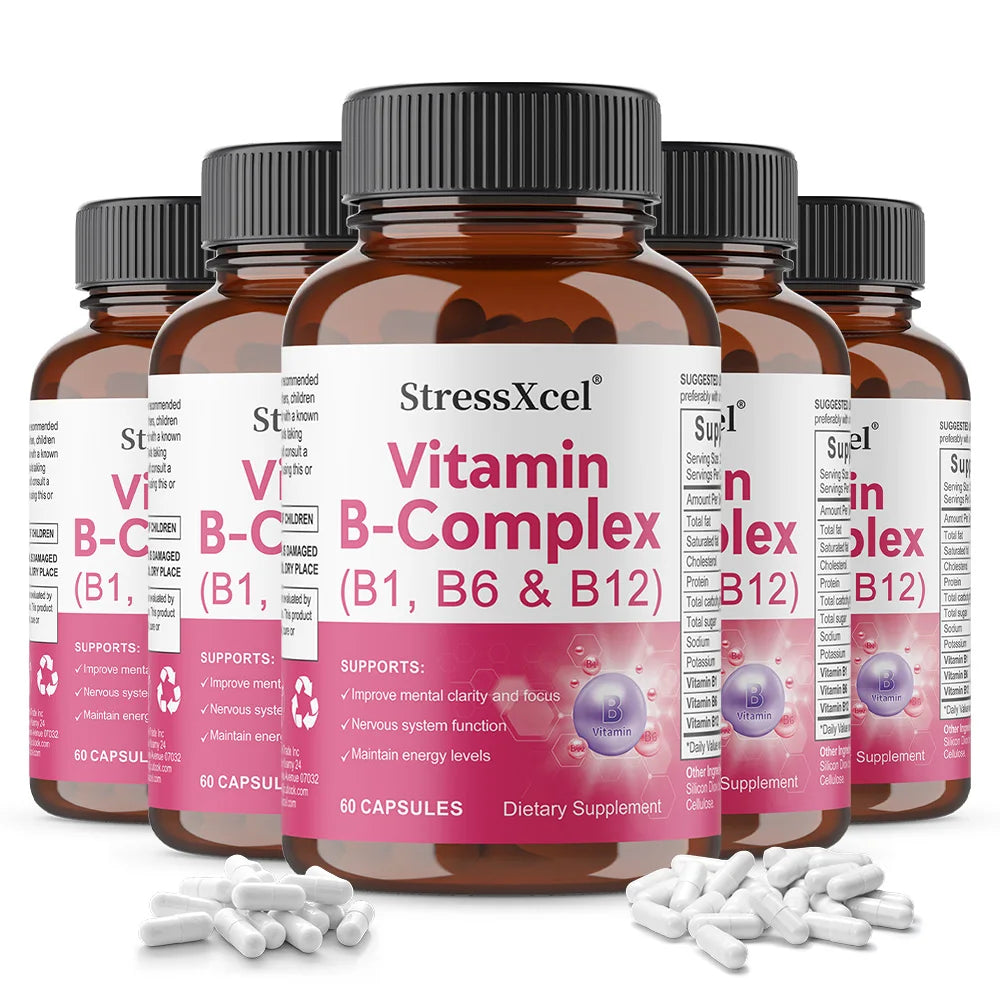 Vitamin B Complex Capsules - B1, B6, B12, Supports Energy Metabolism, Mood, Nervous System, Immune & Antioxidant Wellness