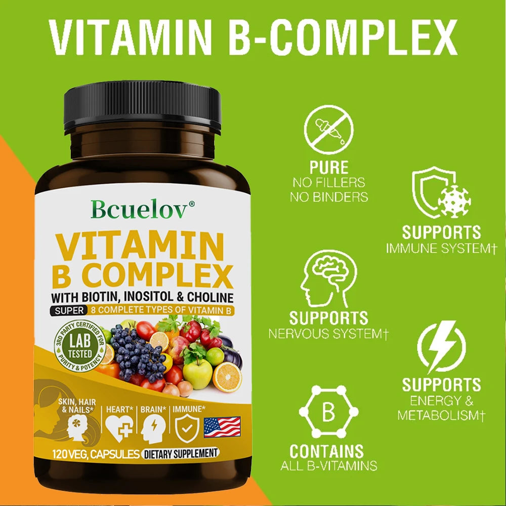 Complexe de vitamines B - B1, B2, B3, B5, B6, B7, B9, B12, biotine, choline, niacine - cerveau, peau, cheveux, système nerveux, immunité, métabolisme