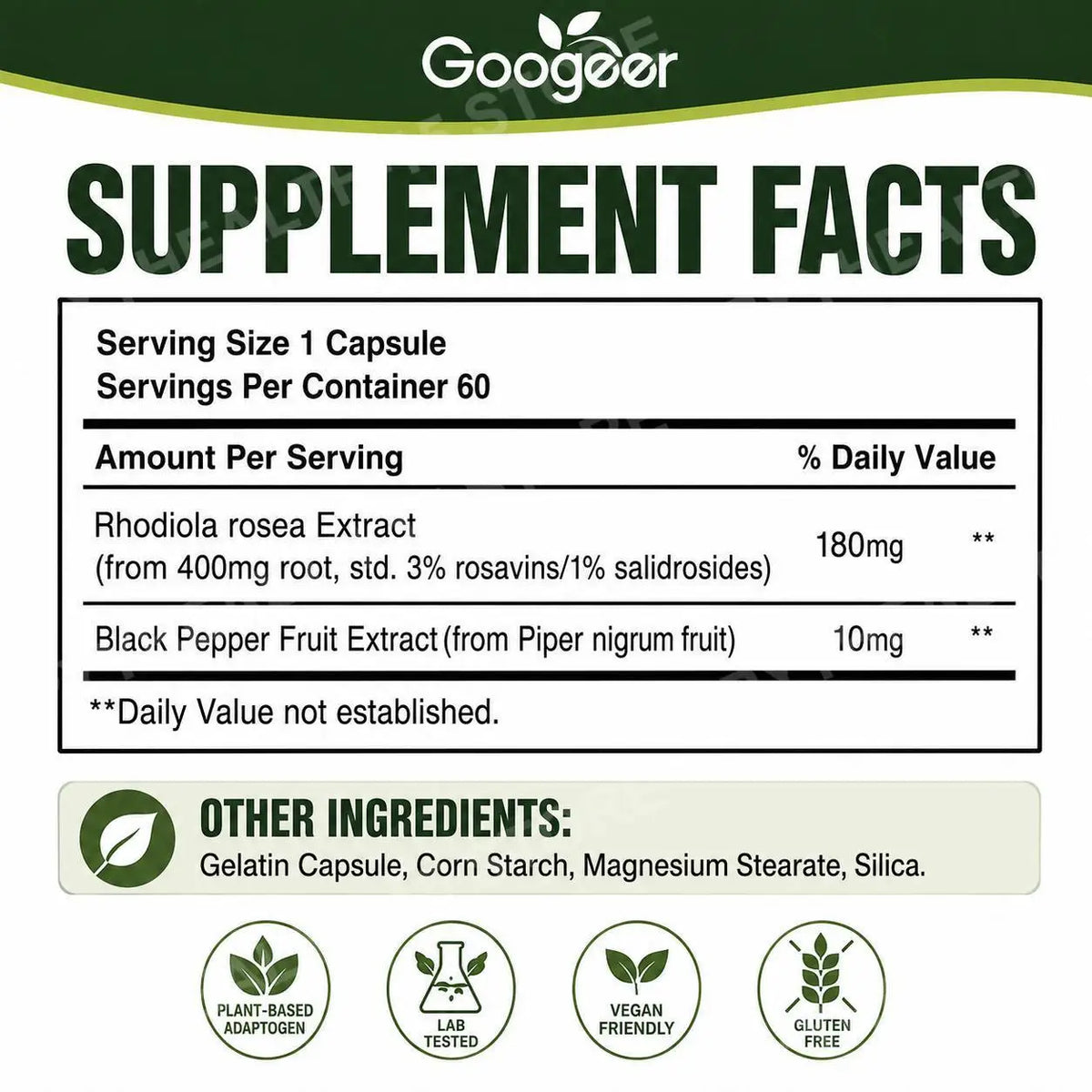Gélules de rhodiola rosea Googeer 400mg équivalent racine, avec extrait de poivre noir, 60 unités, complément botanique quotidien pour le bien-être