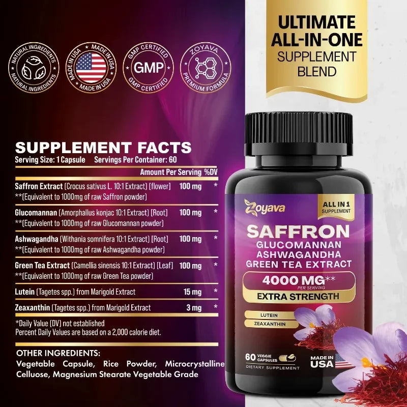 Saffron Supplement 1000 mg, Glucomannan, Ashwagandha, Green Tea Extract, Mood Stabilizer, Vision Support, 60 Capsules