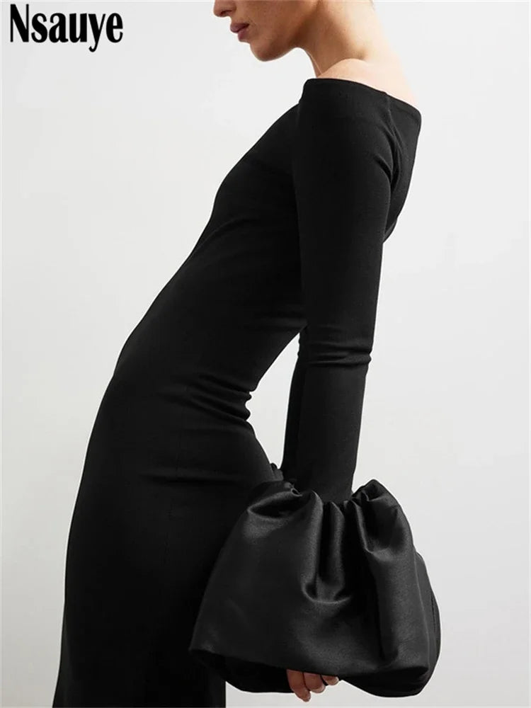 Nsauye Elegant Party Dress For Women Vintage Bud Long Sleeve Sexy Evening Fashion Wrap Night Club Black Dress Off Shoulder 2024