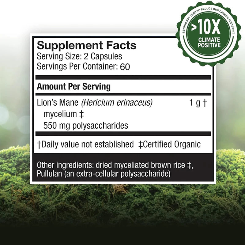 Premium Lion's Mane Capsules, Promotes Mental Clarity, Focus and Memory, Mushroom Supplement, Original Flavor Non-GMO