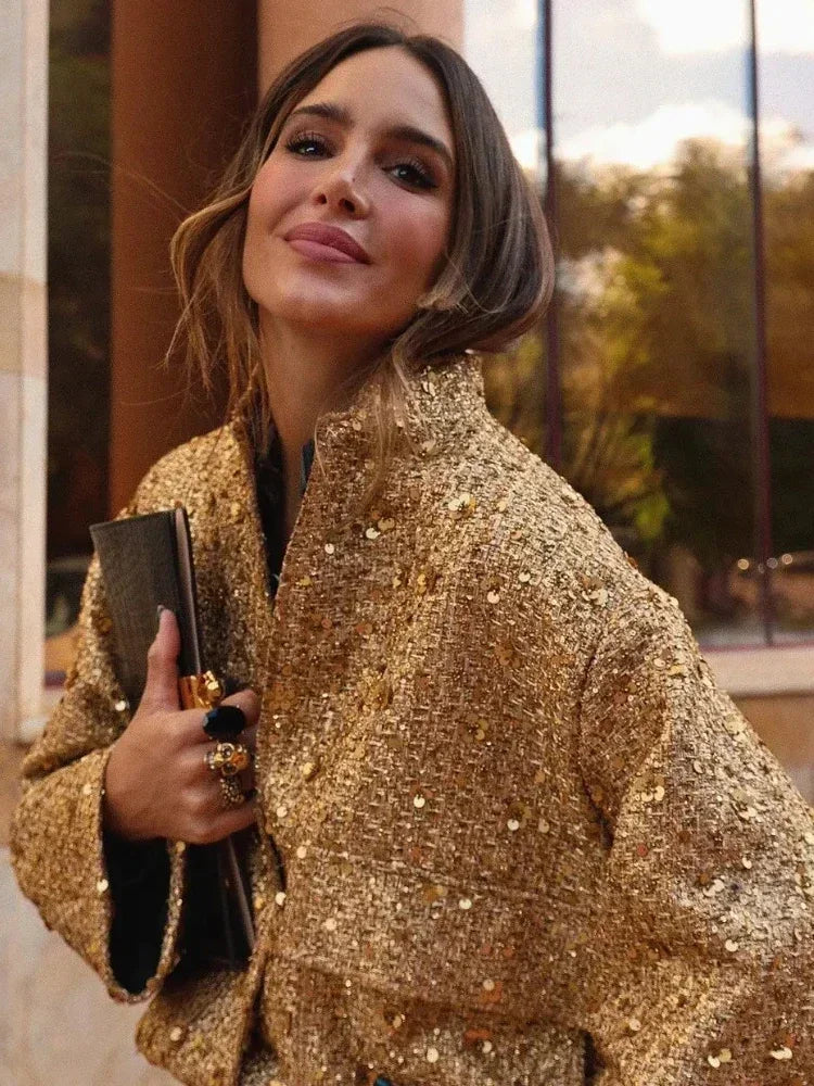 Suninheart Women's Sequined Bomber Jacket Fall O Neck Long Sleeve Pocket Stretch Hem Sequins Jacket Coat Female Chic Outerwear