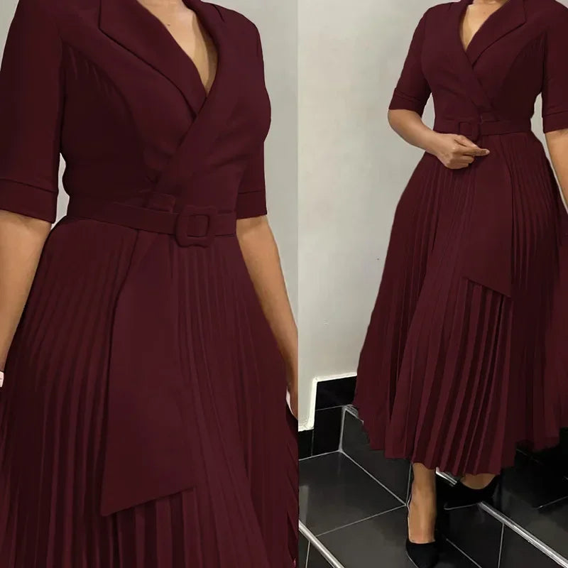 Pleated Dress Women Sexy Dresses White Round Neck Slim Sheath Work High Waist Hip Wrap Elegant Bodycon Mid Length Vestidos