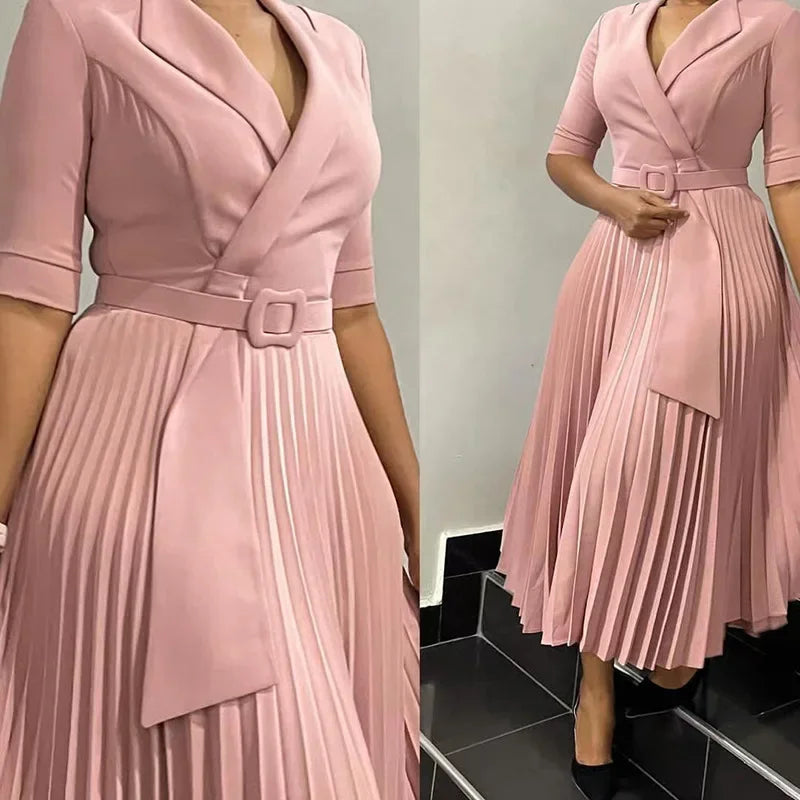 Pleated Dress Women Sexy Dresses White Round Neck Slim Sheath Work High Waist Hip Wrap Elegant Bodycon Mid Length Vestidos