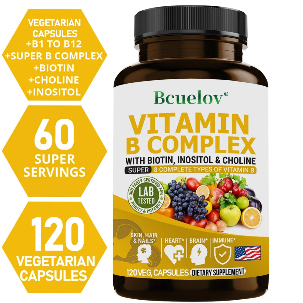 Complexe de vitamines B - B1, B2, B3, B5, B6, B7, B9, B12, biotine, choline, niacine - cerveau, peau, cheveux, système nerveux, immunité, métabolisme