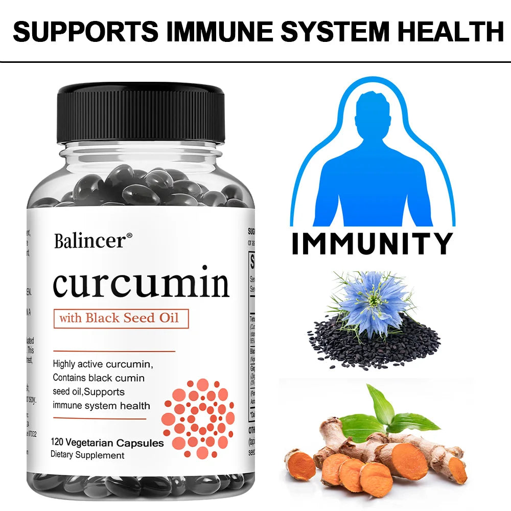 Turmeric Curcumin Capsules Supplement, with Black Seed Oil Extract, for Joint, Digestive & Immune Support, Brain Cognition