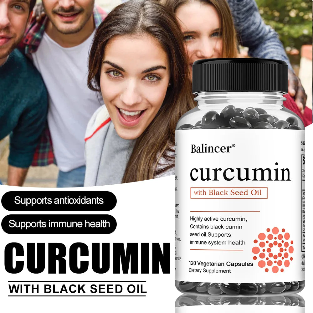 Turmeric Curcumin Capsules Supplement, with Black Seed Oil Extract, for Joint, Digestive & Immune Support, Brain Cognition