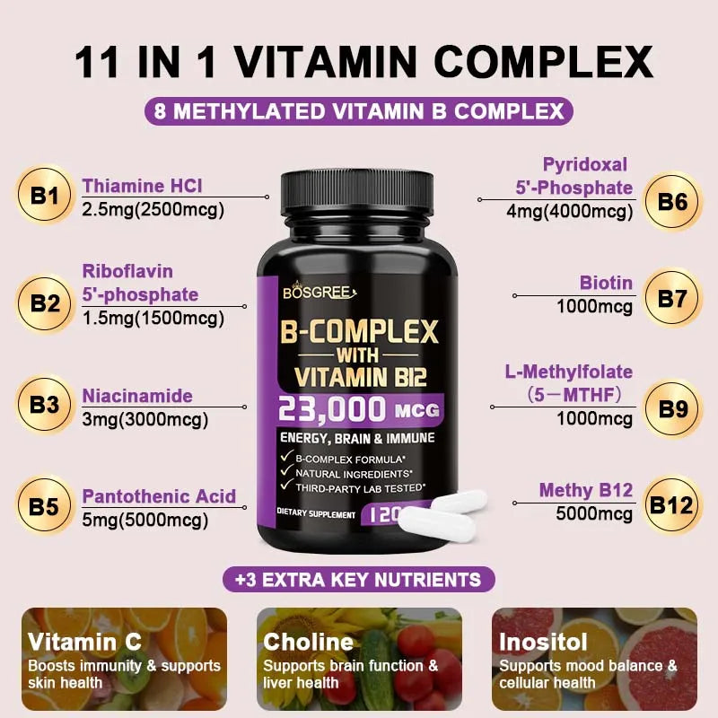 Vitamin B Complex Supplement, Vitamins B1,B2,B3,B5,B6,B9,B12,B16-Vitamin C,Inositol,Immune&Energy Metabolism,Brain&Heart Support