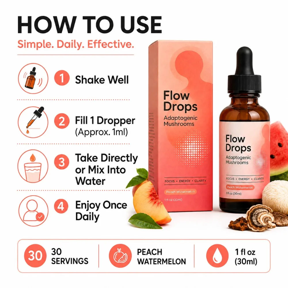 Mushroom Supplement Drops 30ml, Lion's Mane Cordyceps Reishi Chaga Turkey Tail, Energy & Focus Support, Peach Watermelon, Adults