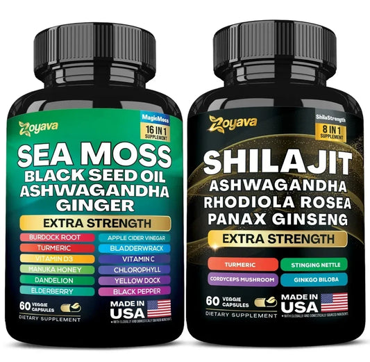 Kit de vitalidad de algas marinas 16 en 1, 19,445 mg (60 cápsulas) y Shilajit 8 en 1, 15,250 mg (60 cápsulas), 24 ingredientes