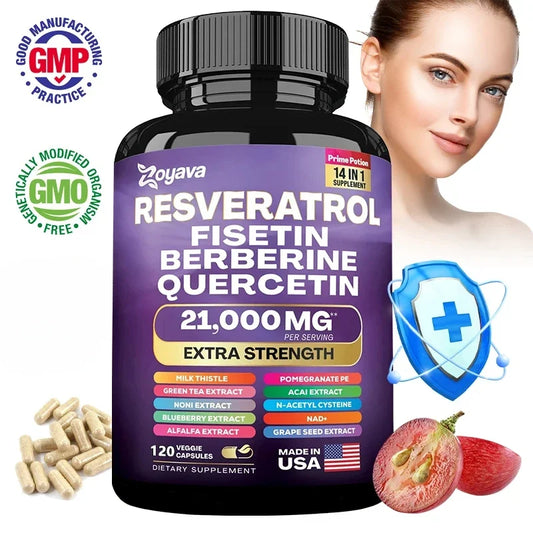 Suplemento de Resveratrol, Cardo Mariano, Berberina, Fisetina, Quercetina, Extracto de Semilla de Uva, 60 Cápsulas, Potenciador de Vitalidad