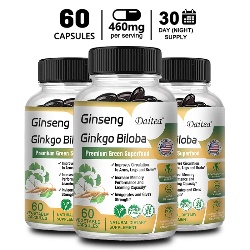 Ginseng + Ginkgo Biloba Capsules - Premium Non-GMO/Vegan Superfood - Traditional Energy Booster and Mood Soother