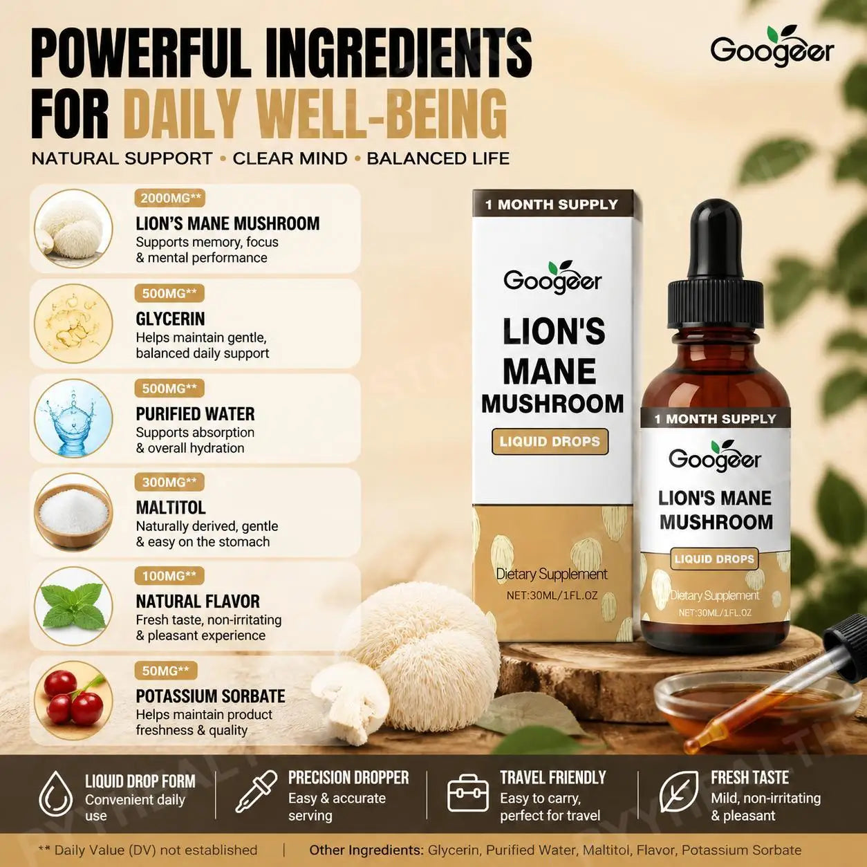 Lion's Mane Mushroom Liquid Drops 30ml Vegan Non-GMO Natural Extract Herbal Supplement Daily Wellness Support Dropper Bottle