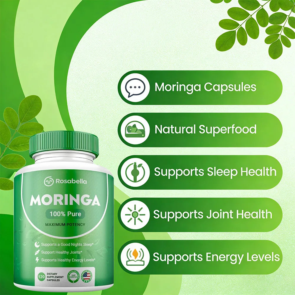 Moringa Capsules - Pure Moringa Powder, Energy, Skin, Immune & Gut Health, Natural Green Superfood Supplement - 60 Count