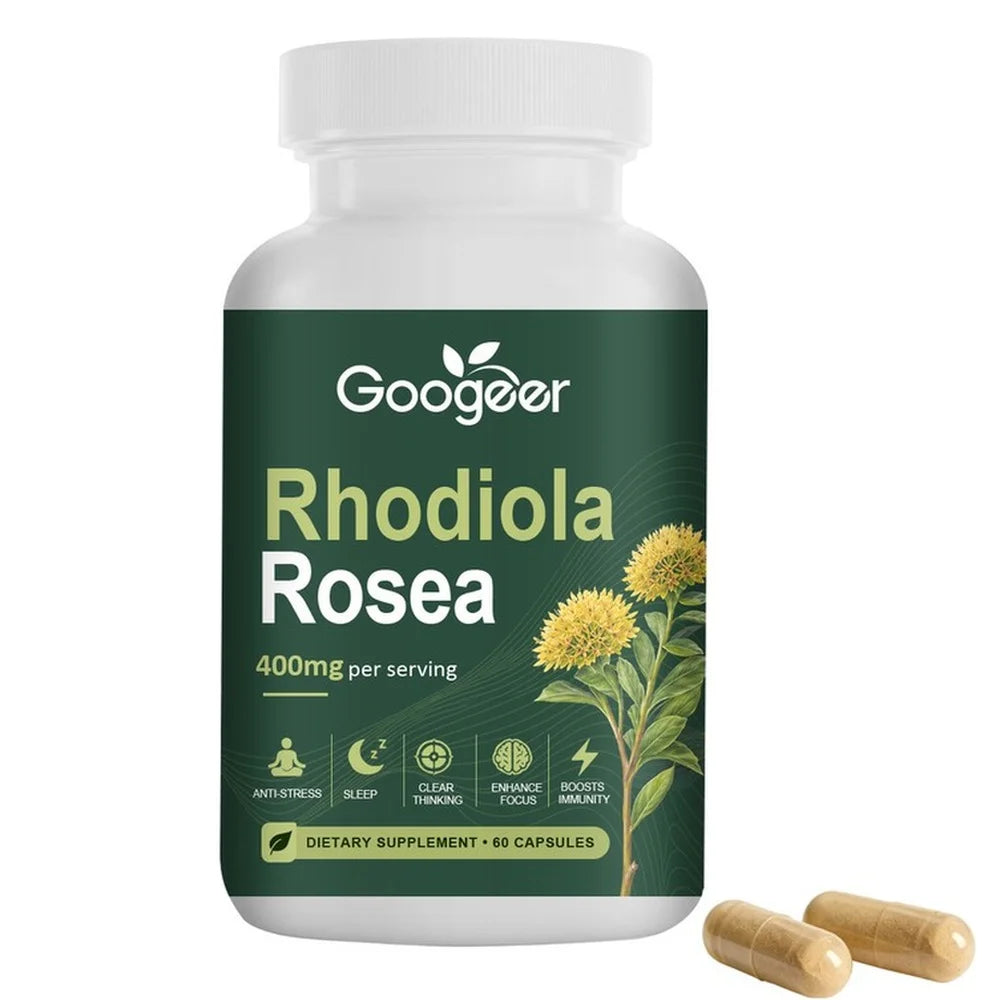 Gélules de rhodiola rosea Googeer 400mg équivalent racine, avec extrait de poivre noir, 60 unités, complément botanique quotidien pour le bien-être