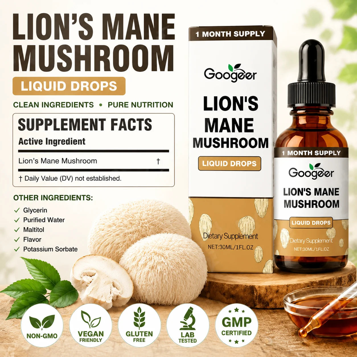 Lion's Mane Mushroom Liquid Drops 30ml Vegan Non-GMO Natural Extract Herbal Supplement Daily Wellness Support Dropper Bottle
