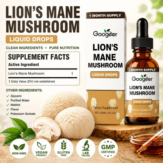 Lion's Mane Mushroom Liquid Drops 30ml Vegan Non-GMO Natural Extract Herbal Supplement Daily Wellness Support Dropper Bottle