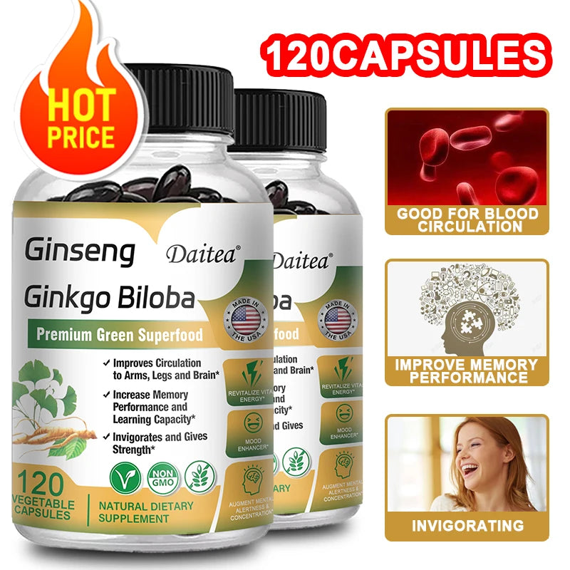 Ginseng + Ginkgo Biloba Capsules - Premium Non-GMO/Vegan Superfood - Traditional Energy Booster and Mood Soother