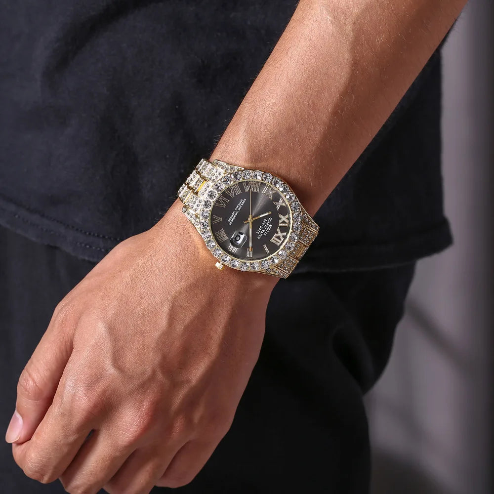 Luxury Golden Roman Numeral Men's Watch - Classic Steel Strap Business Timepiece