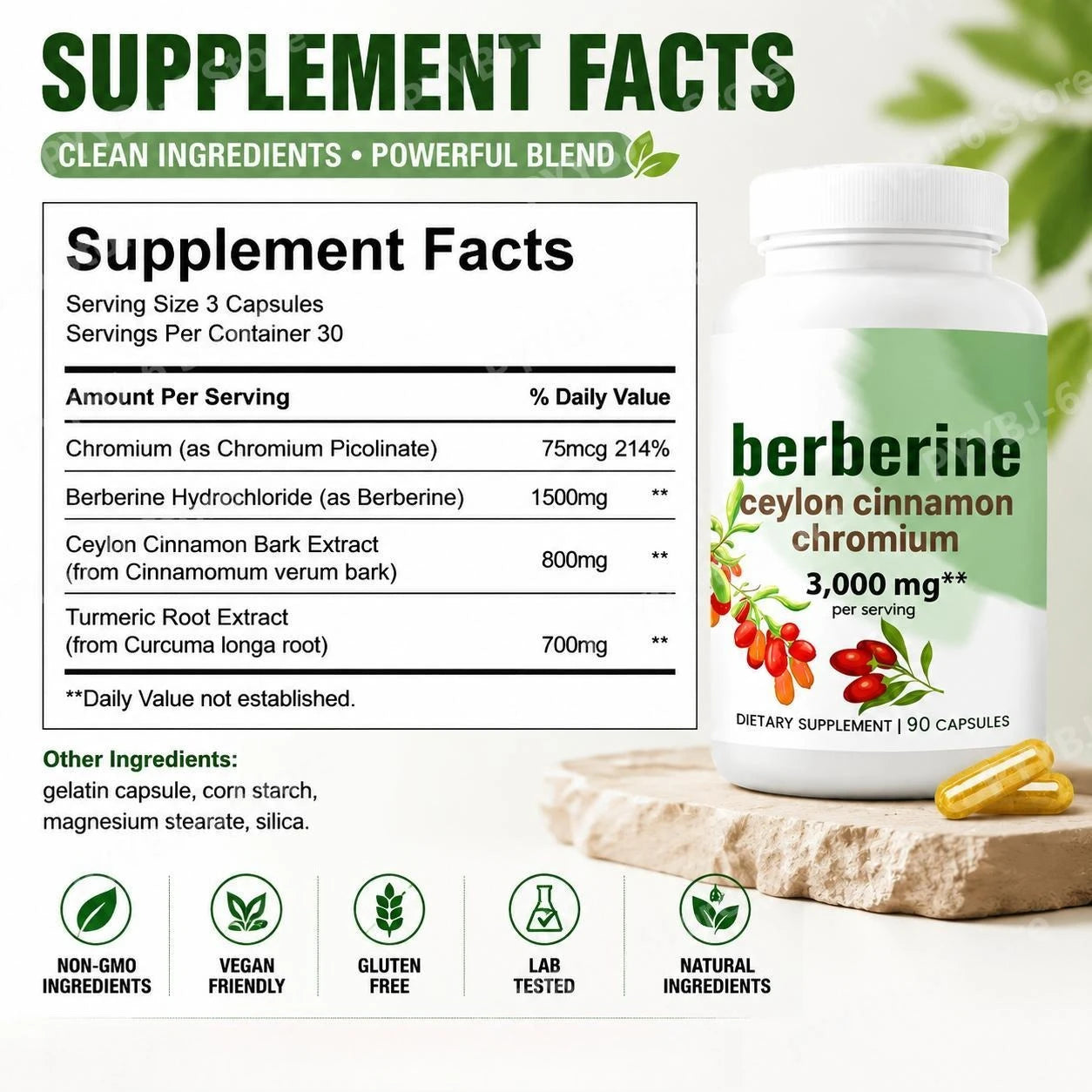 Berberine Ceylon Cinnamon Chromium Capsules 3000mg, Turmeric Blend Daily Metabolism & Wellness Support Supplement 90 Capsules